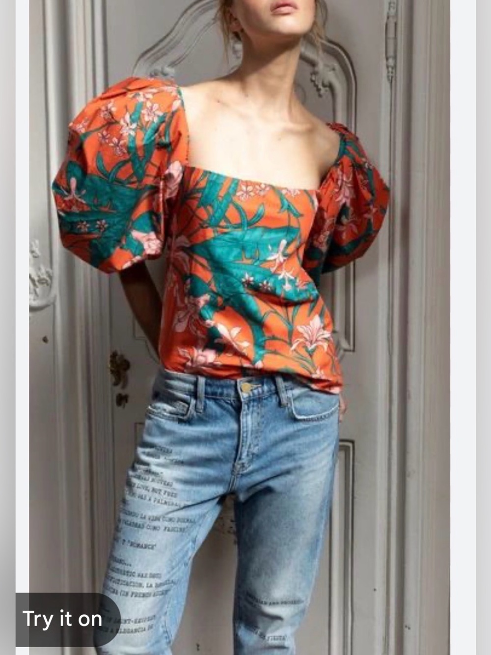 Johanna Ortiz Orange Floral Puff-Sleeve Blouse size 4